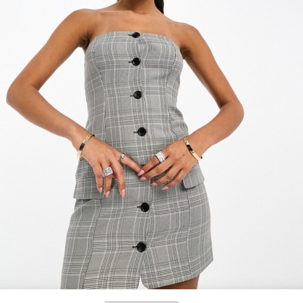 ASOS DESIGN button up bandeau super mini dress in gray plaid